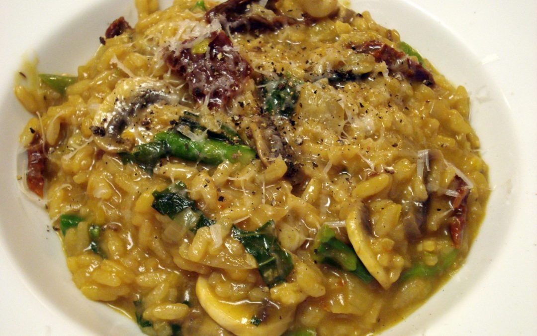 Risotto with Sun-Dried Tomatoes, Asparagus, & Mushrooms