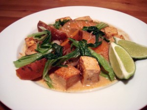Sweet Potato Curry with Tofu, Bok Choy, & Caramelized Shallots